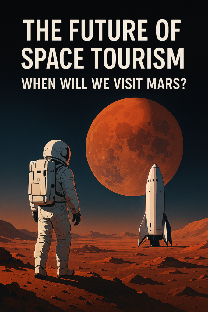 An artistic representation of future human exploration on Mars, showcasing potential habitats and rover designs.
